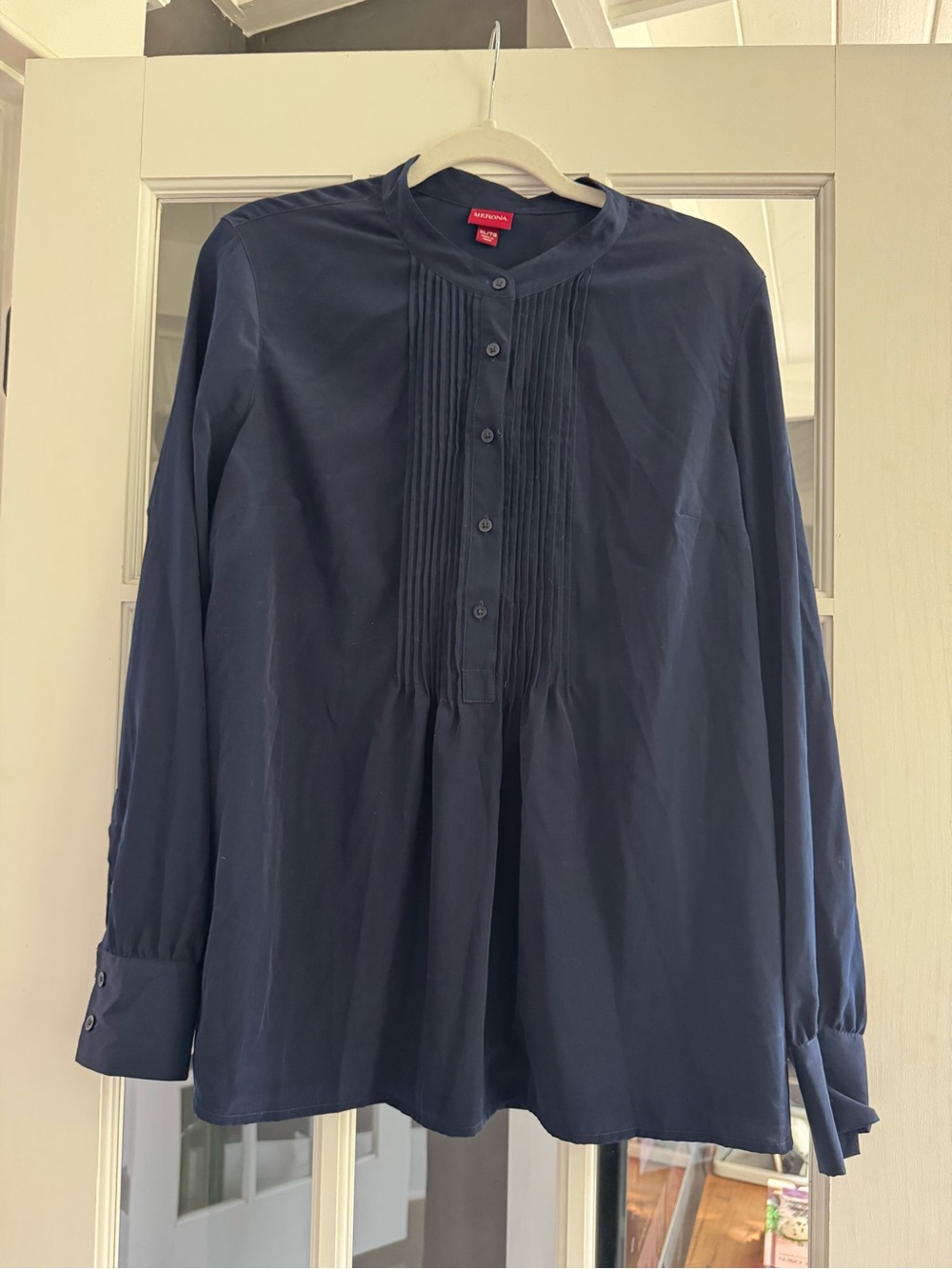 Merona Navy Pintuck Button-Front Long Sleeve Blouse